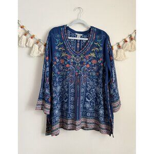 John Mark Blue Embroidered 3/4 Sleeve Tunic Top Boho Peasant Feminine Beachy XL
